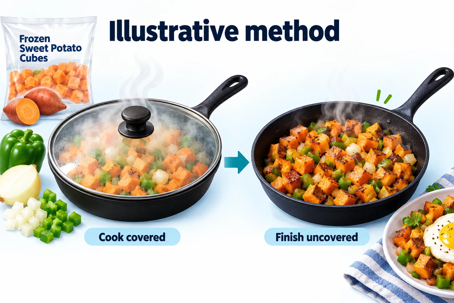 Centre cooking and uncovered browning phases Illustration of sweet potato hash cooked covered then finished uncovered