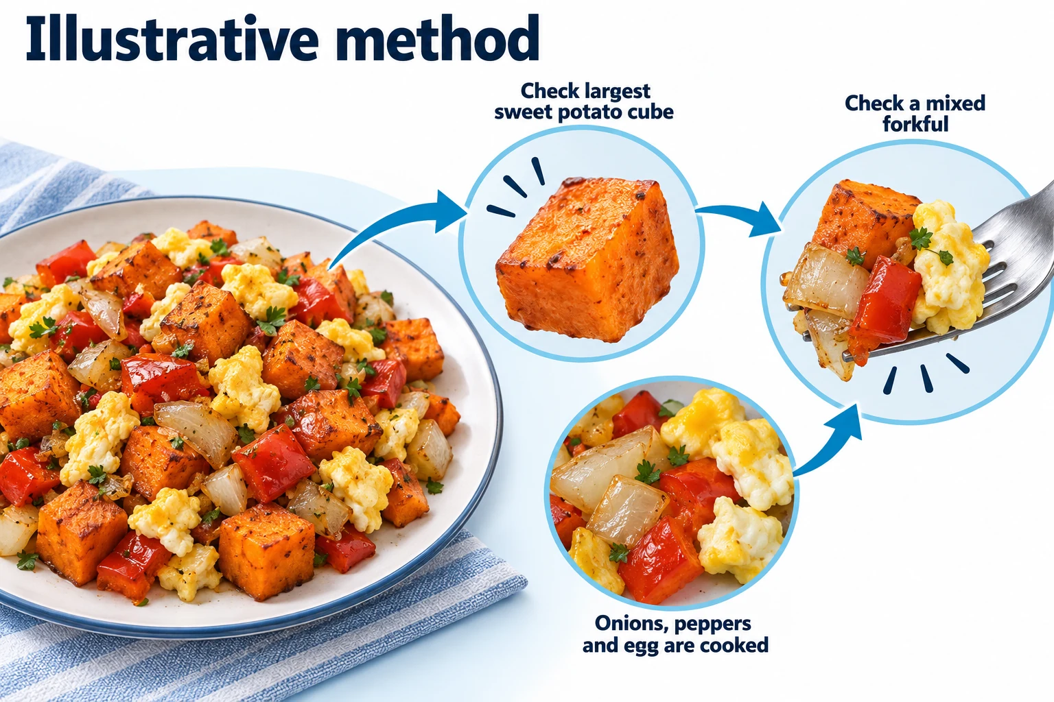 Check the largest piece and mixed forkful Illustration of breakfast hash with a largest sweet potato cube and a mixed forkful