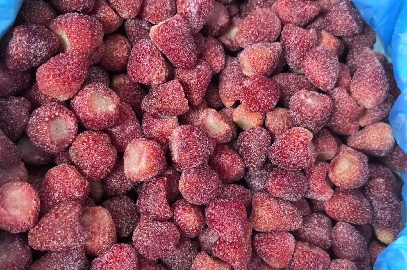 Whole frozen strawberries with frost in an unbranded blue liner