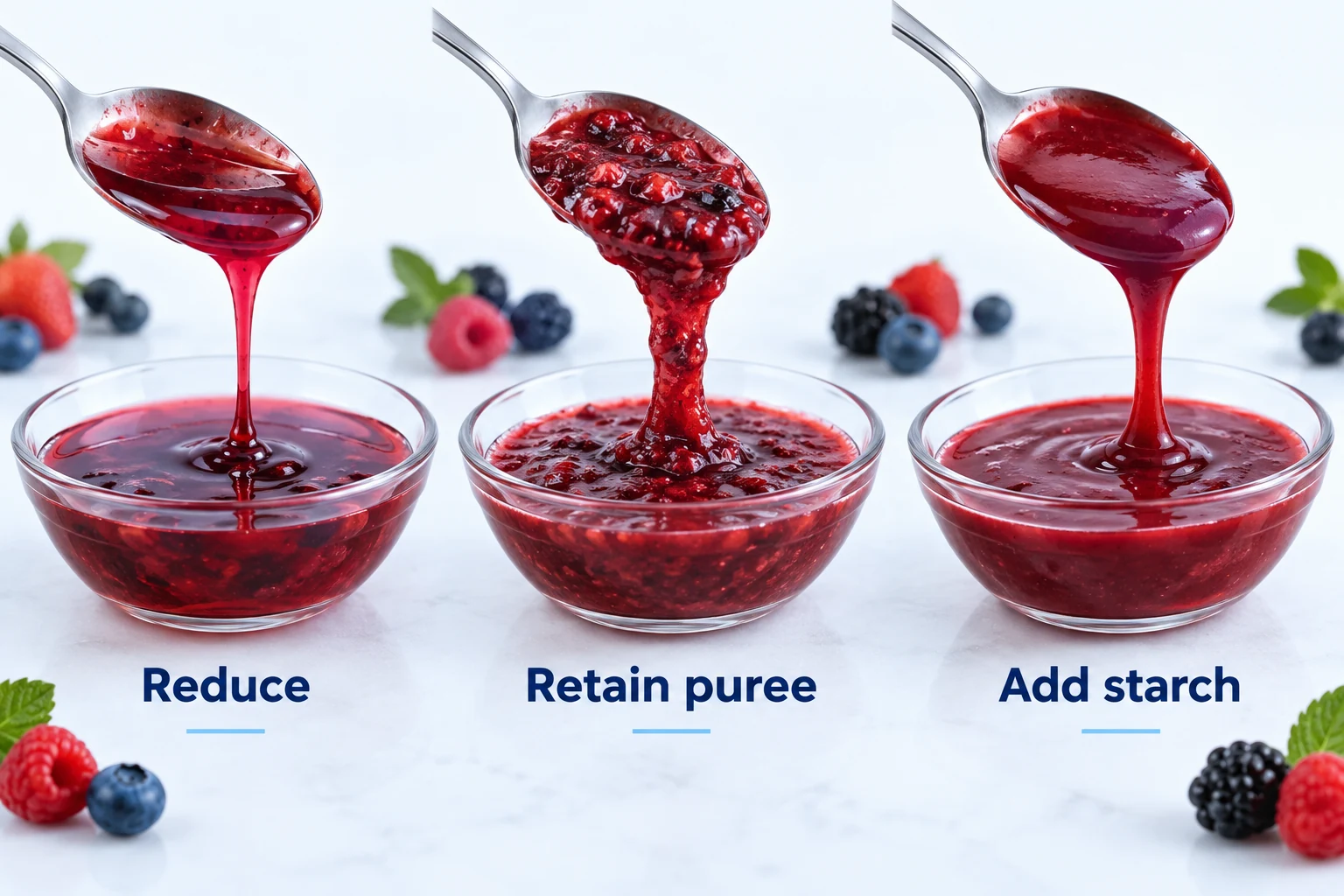 Three practical routes to a thicker fruit sauce Three frozen berry sauce textures made by reducing, retaining puree, or adding starch