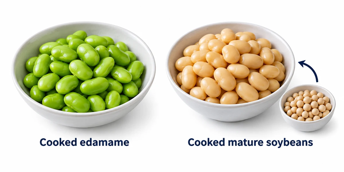 Different cooked soybean ingredients Cooked green edamame beside cooked beige soybeans and dry mature seeds