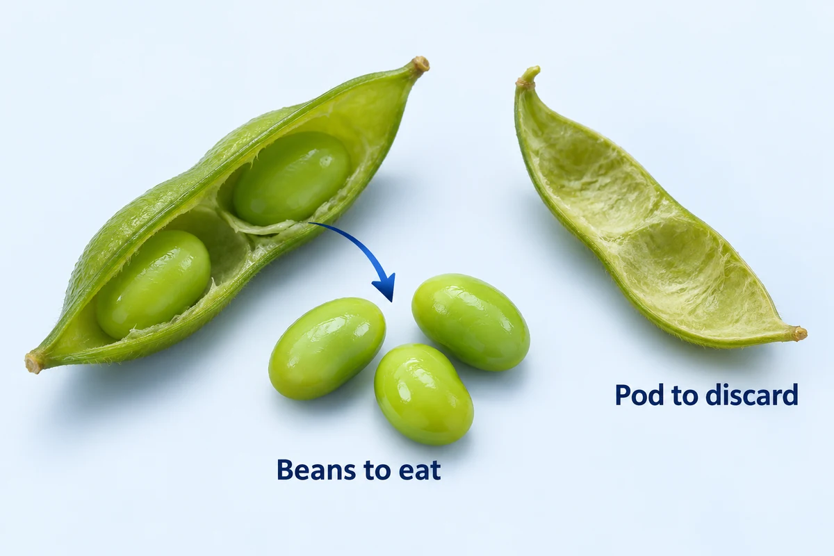 Separate edible beans from the outer pod Open green edamame pod with beans separated from the empty pod