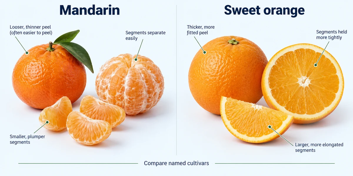 Mandarin and sweet orange fruit type comparison Representative mandarin and sweet orange displayed whole and opened for comparison
