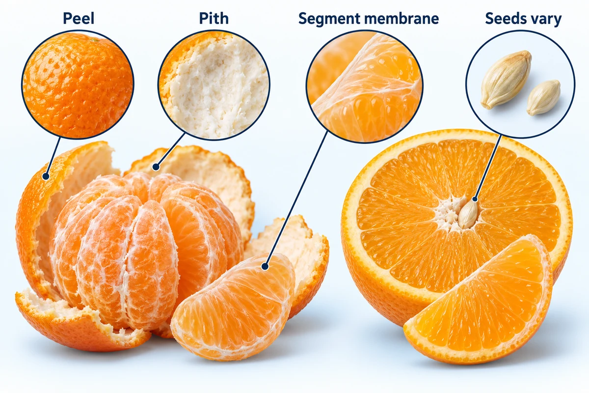 Citrus peel and segment structure Cutaway citrus showing colored peel, pith, segment membrane and variable seeds