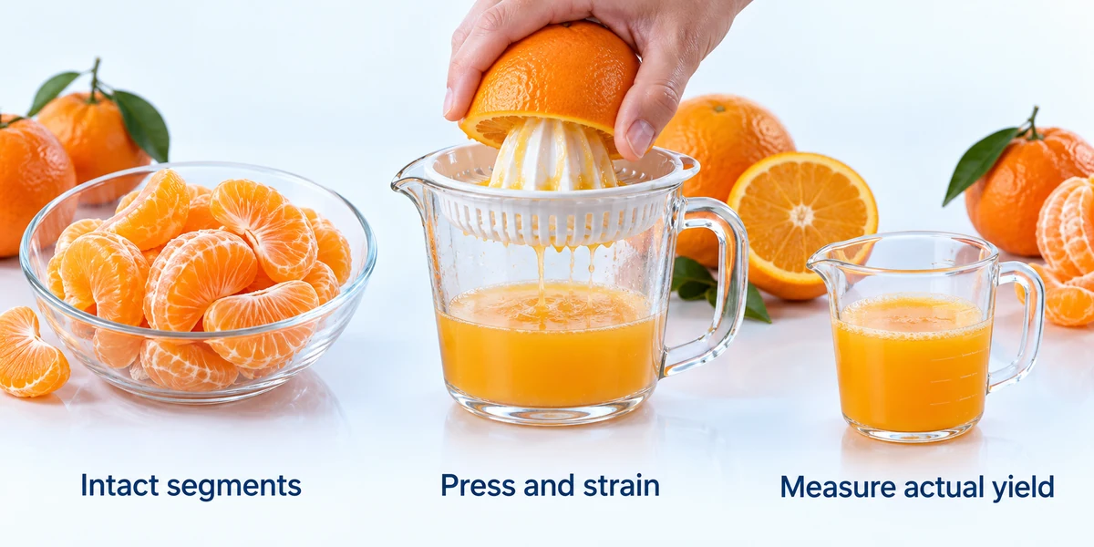 Citrus segments versus juice use paths Intact mandarin segments beside pressed citrus juice and a measuring vessel