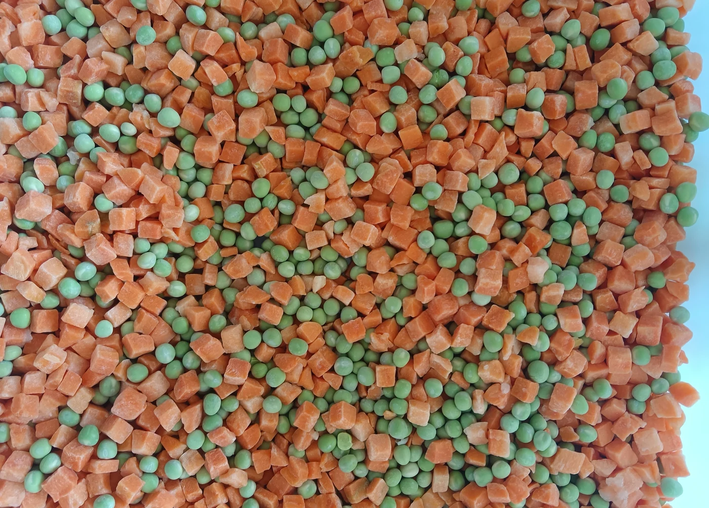 Identifique cada componente de la mezcla Guisantes verdes y dados de zanahoria extendidos en un plato blanco