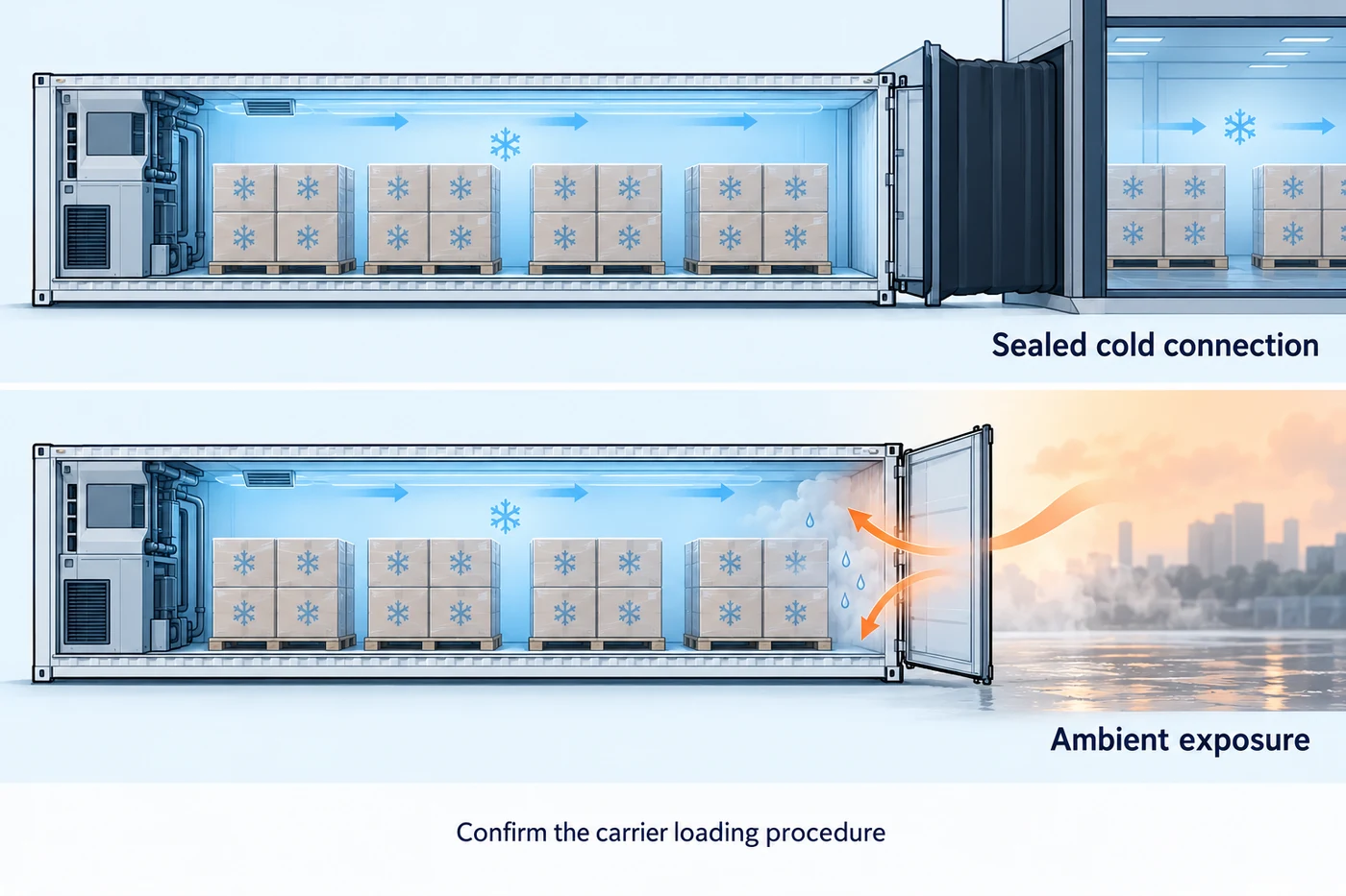 Two side-view reefers show enclosed refrigerated rear-door loading and an ambient-exposed rear doorway