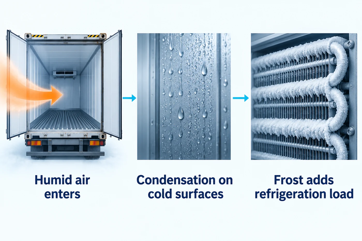 Humid air entering a reefer, condensation on a cold surface and frost on a schematic coil