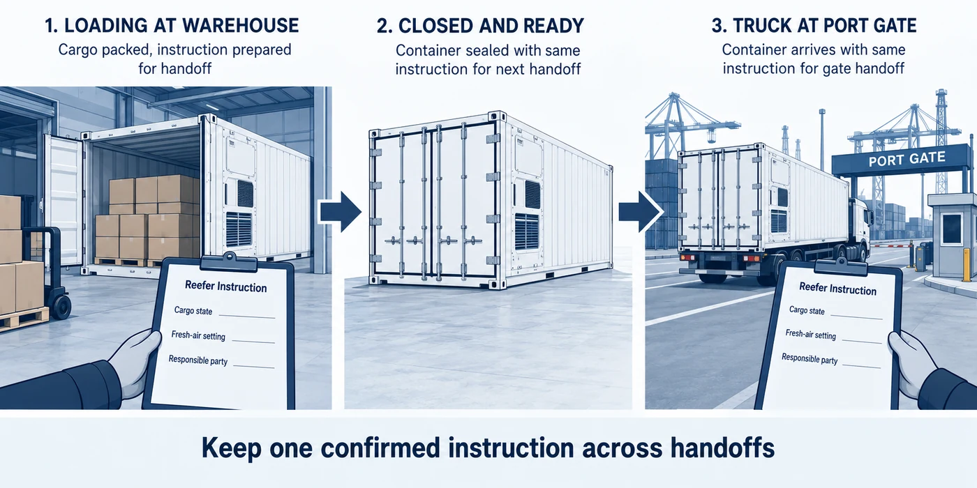 Conceptual container progresses from loading to closed doors and a port gate with matching instruction fields
