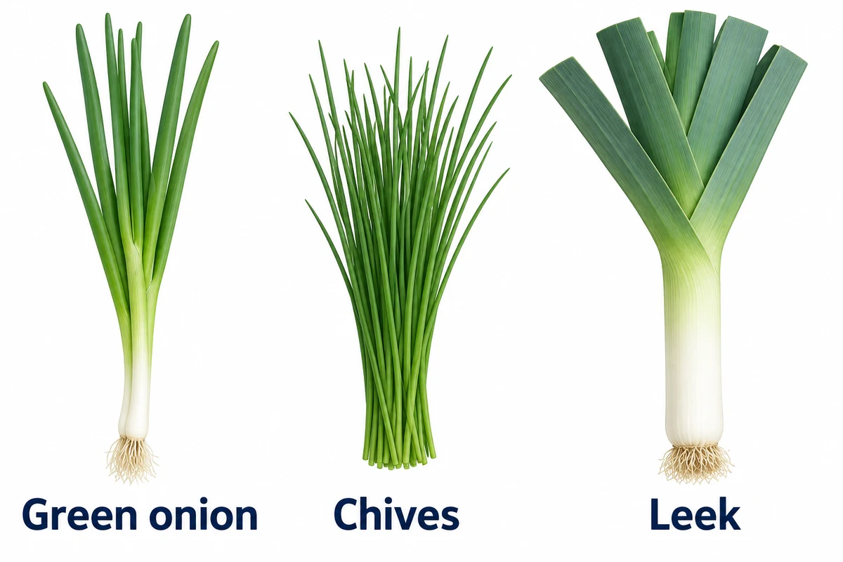 Slender green onion, fine chive leaves and broad-leaved leek side by side