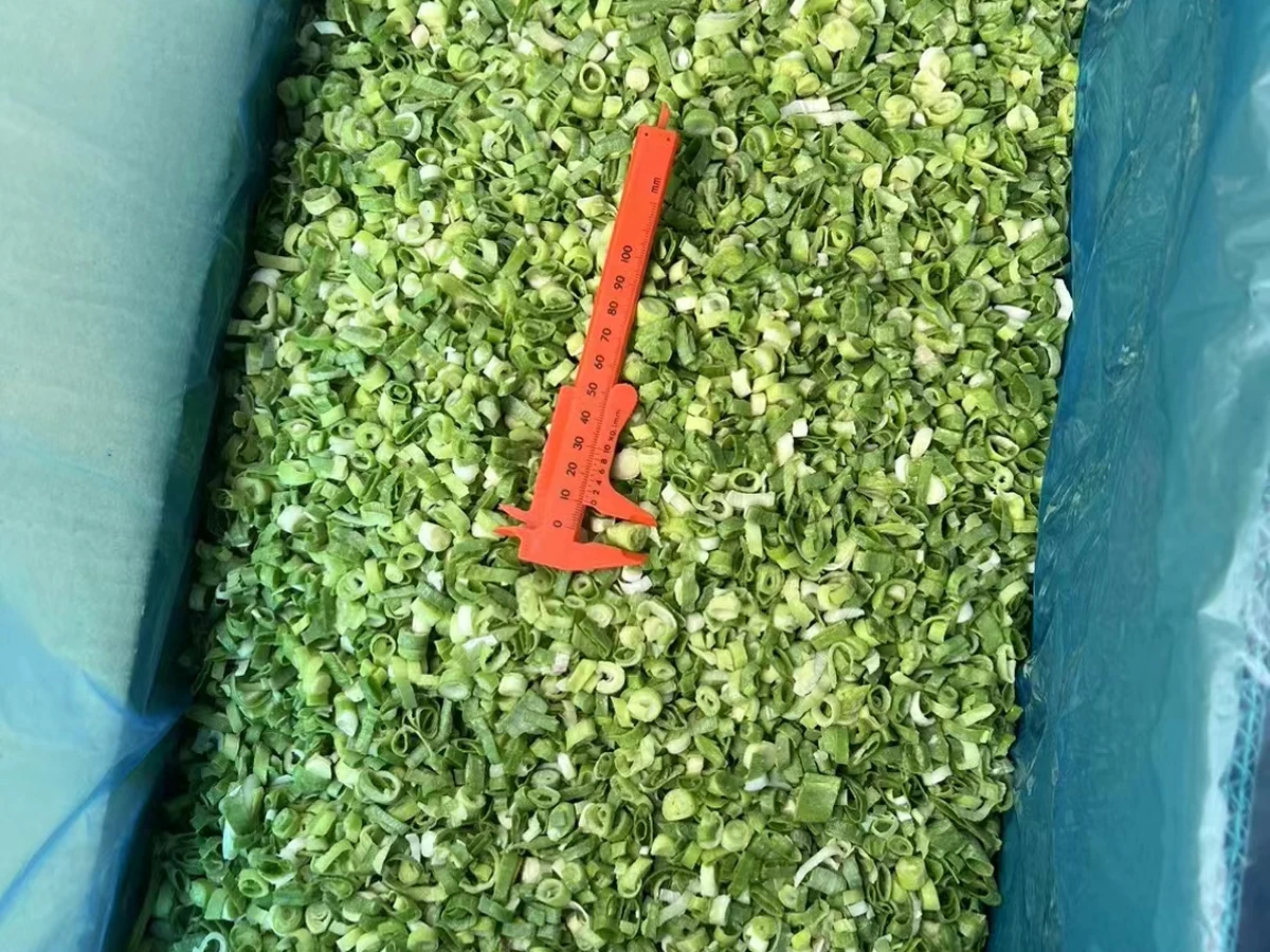 Chopped green and pale onion pieces beside a red ruler in a lined container