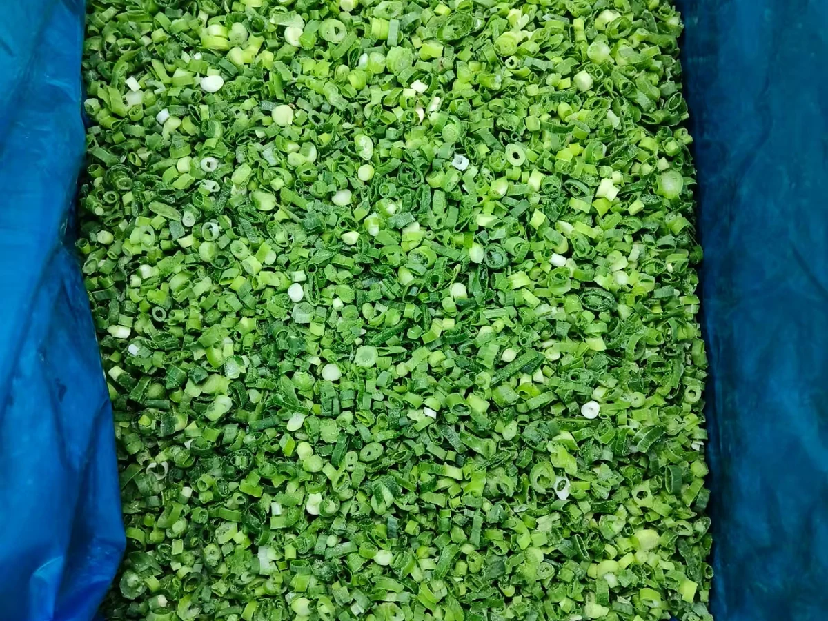 Chopped pale and green onion pieces inside an unbranded blue liner