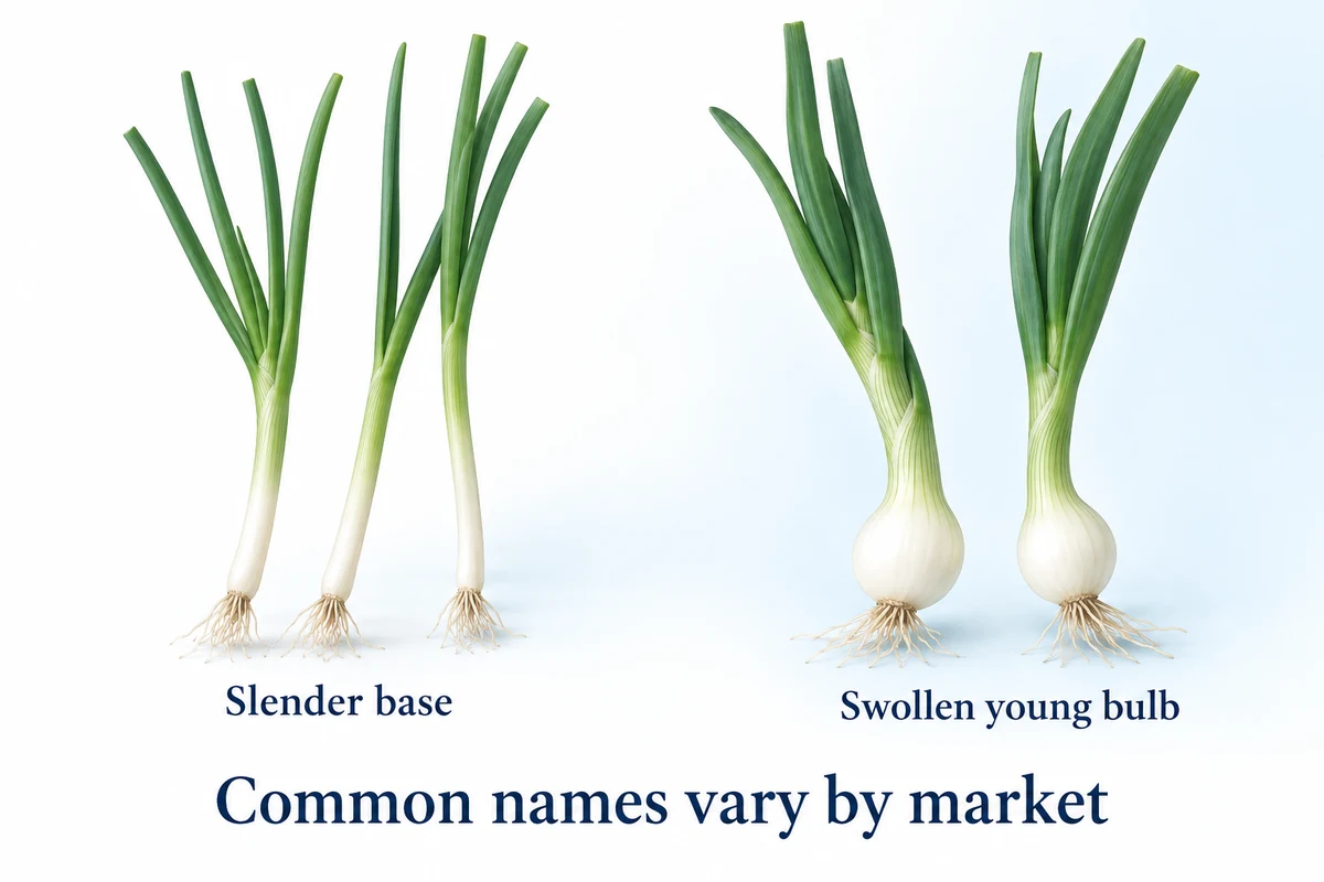 Slender onion bases beside rounded young onion bulbs under green leaves