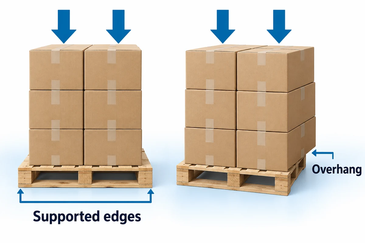 Cartons supported inside a pallet footprint beside cartons overhanging its edge