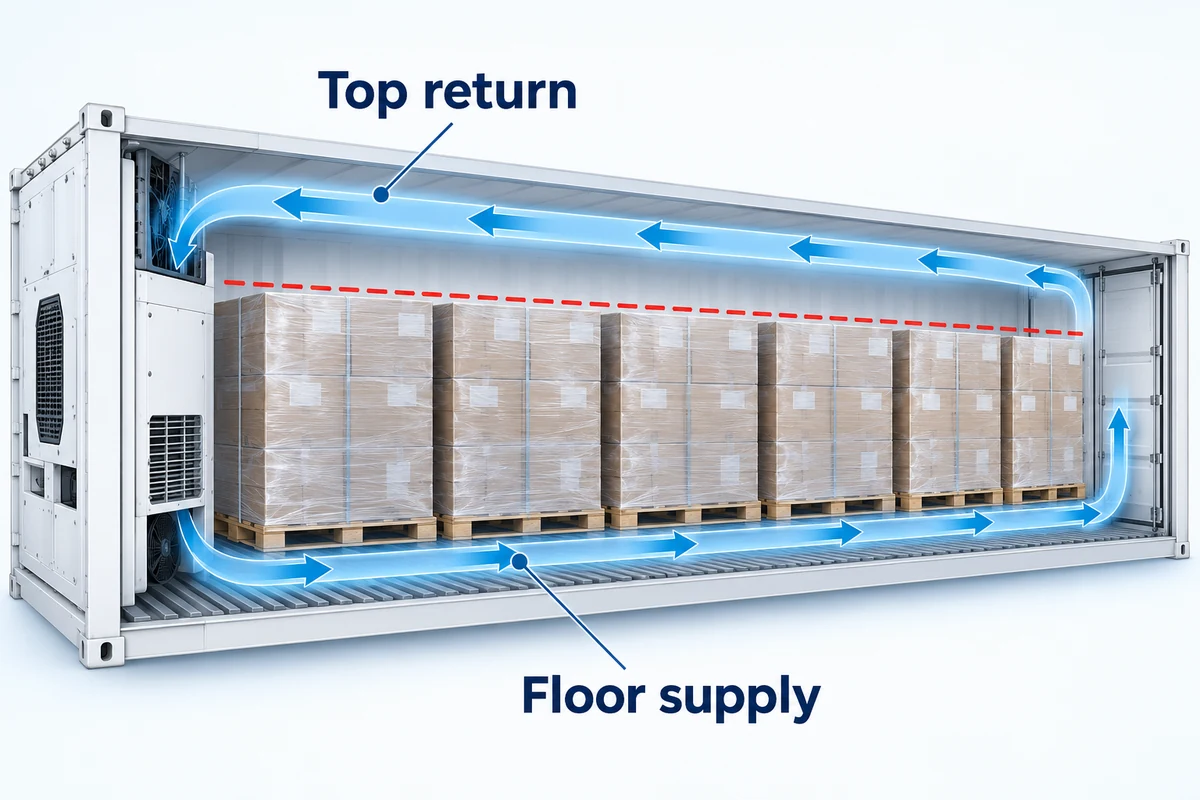 A reefer cutaway shows floor supply air, return air and the load boundary around pallets
