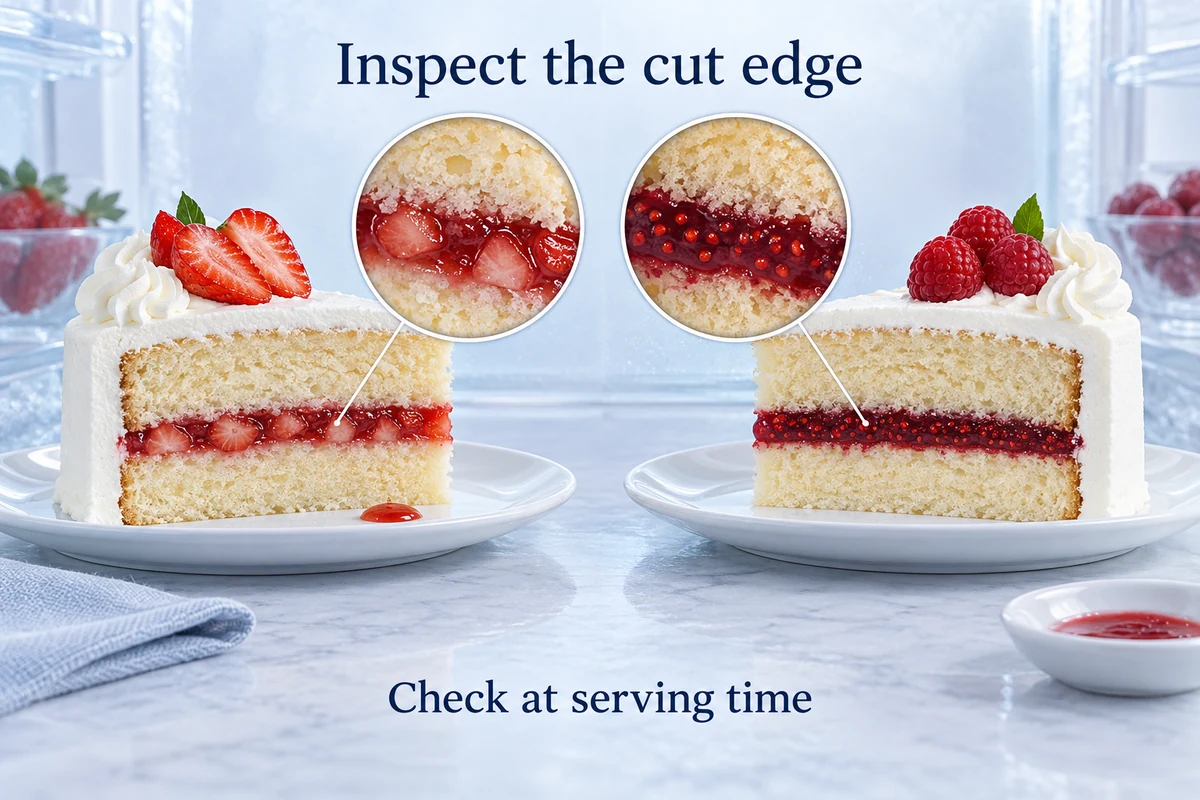 Inspect the chilled cake boundary Strawberry and raspberry cake slices show magnified filling boundaries at serving time