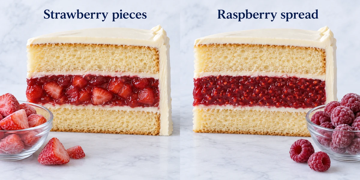 Strawberry pieces and raspberry spread Matched vanilla cake sections compare strawberry pieces with a seeded raspberry spread