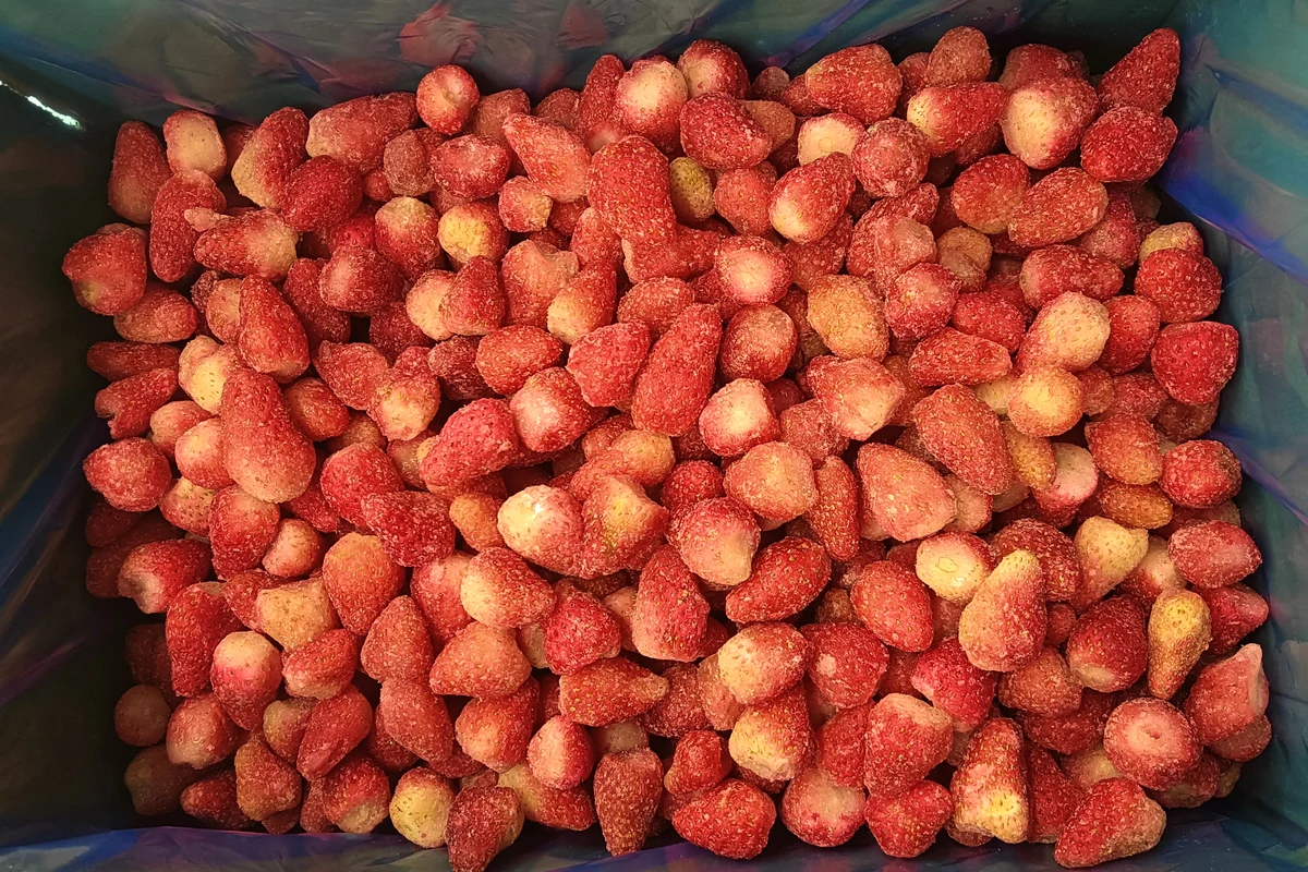 Strawberry input for a cake layer Hulled frozen strawberries in an unbranded blue liner show the fruit input for cake filling