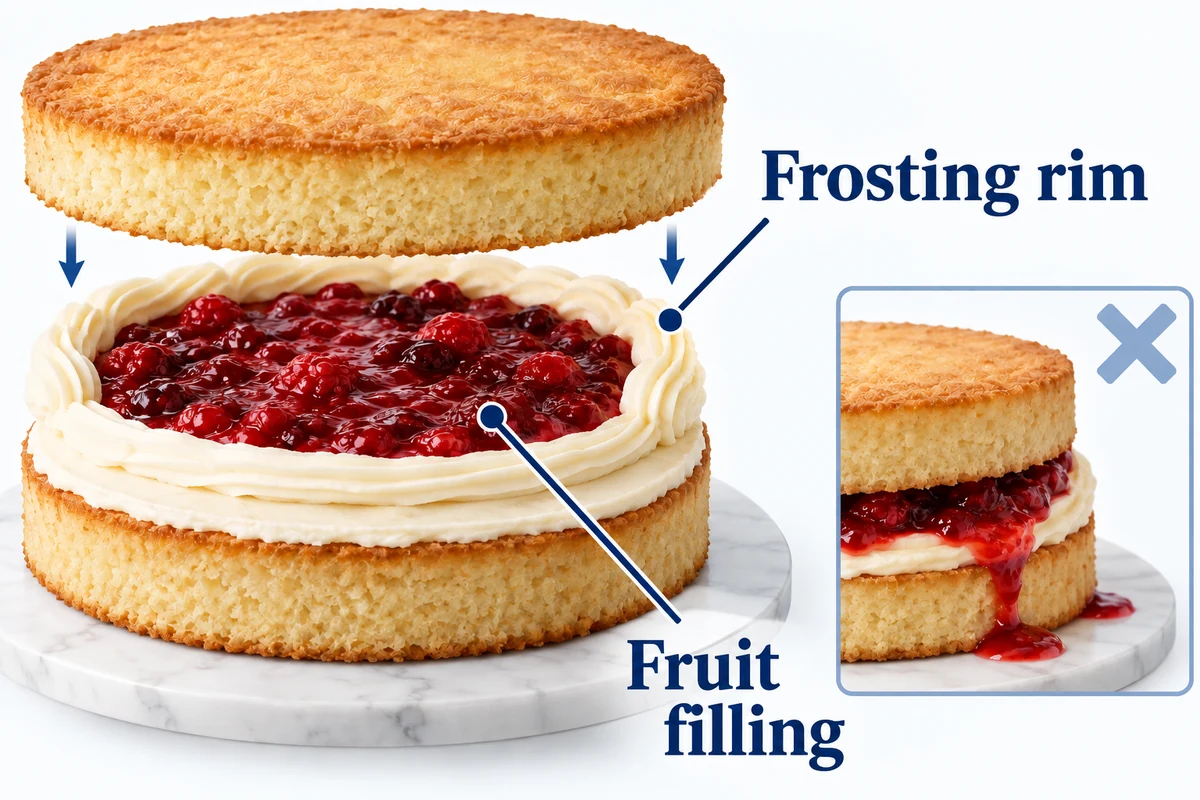Containing the fruit layer A cake layer holds berry filling inside a buttercream rim with a small leaking-layer inset