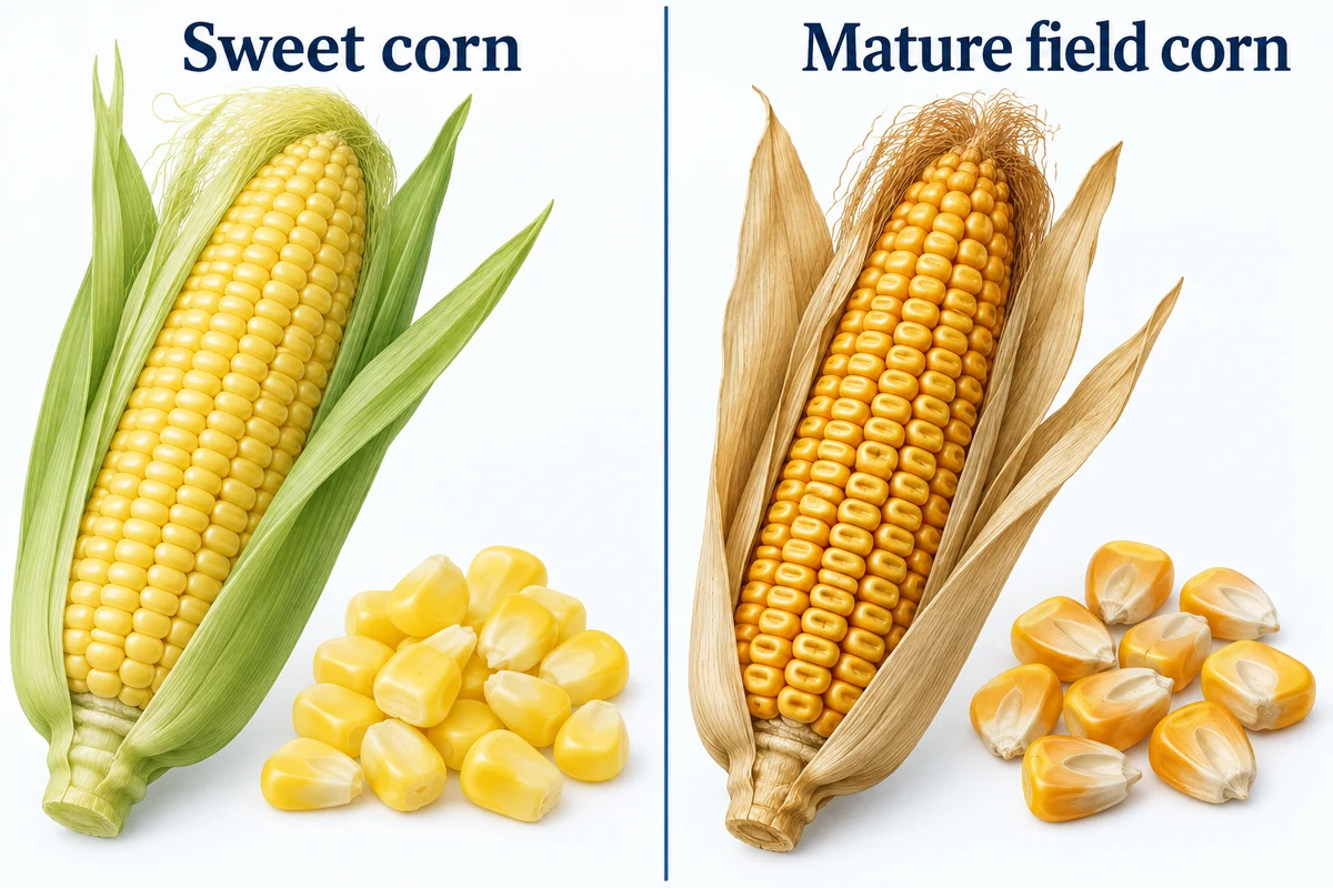 Sweet corn and mature field corn at harvest Tender sweet corn ear beside dry mature dent corn ear and loose kernels