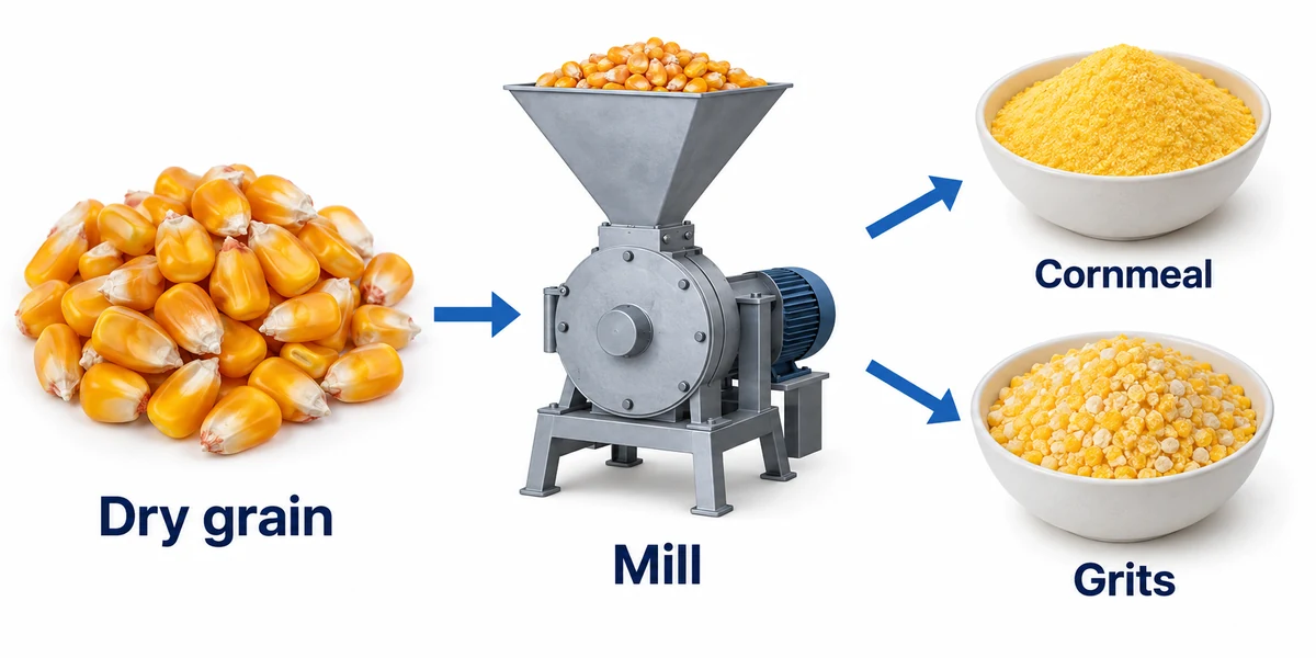 Mature corn grain becomes milled foods Dry corn grain entering a schematic mill with cornmeal and grits outputs