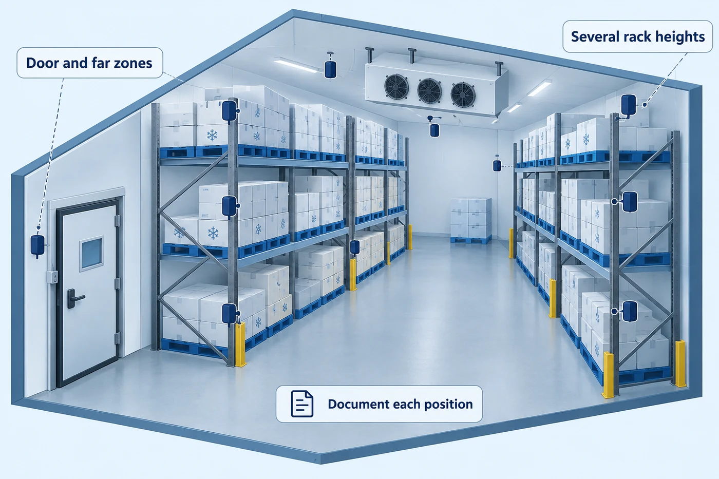 Cold-room cutaway with sensor nodes at several rack heights and door and far zones