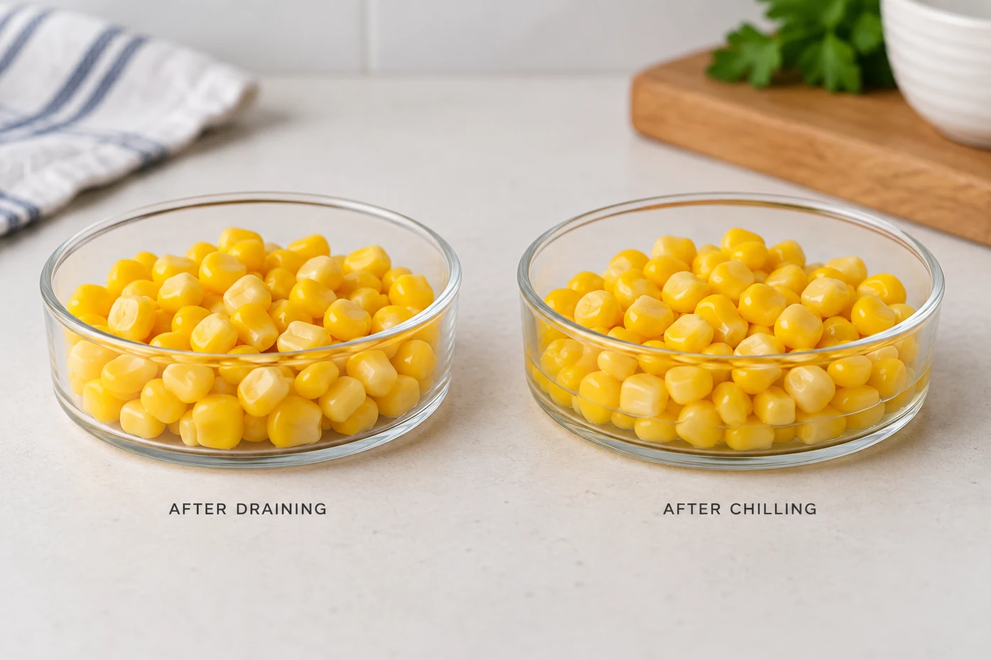 What should a sample portion reveal after chilling A visual small-batch trial tracks the same kernels immediately after draining and after chilled storage, with a separate liquid line.