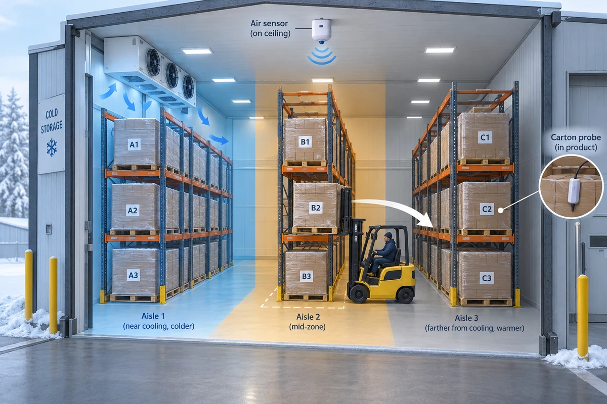 Warehouse racks with exposure zones, labelled pallets and a transfer arrow