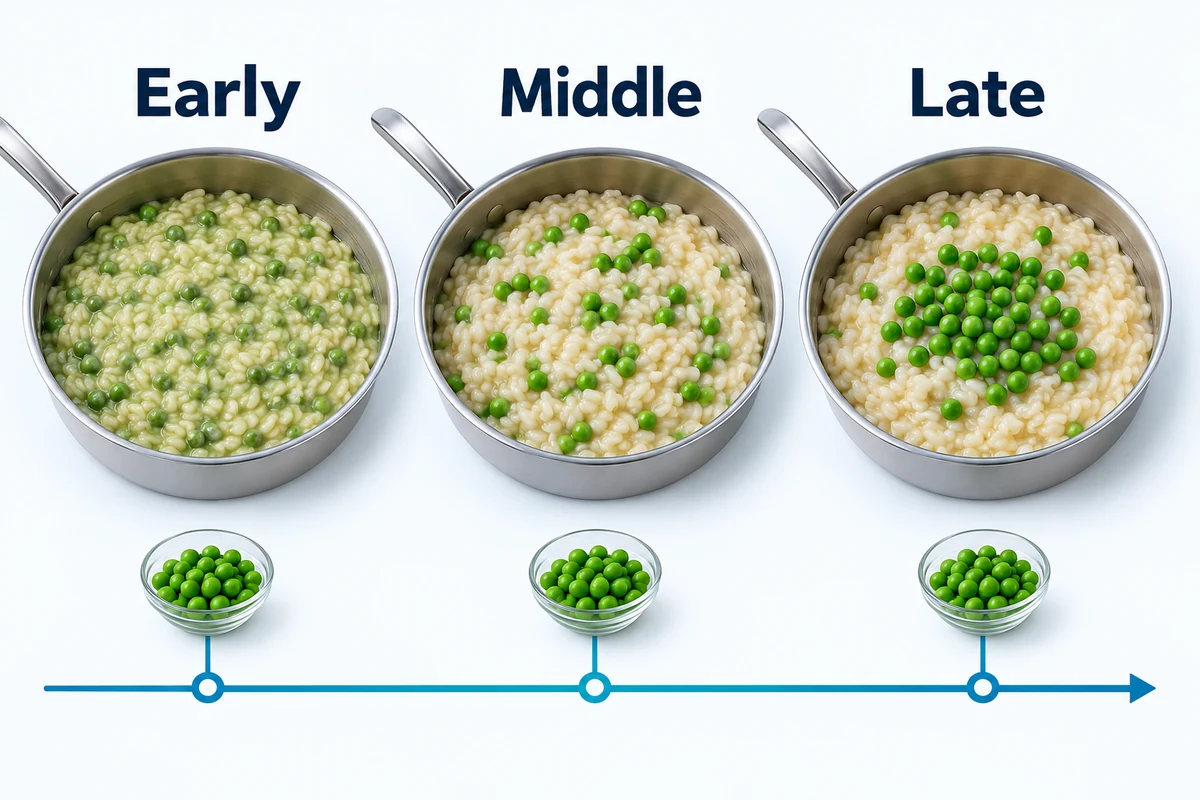 Cho sớm, giữa hay muộn đổi món cuối — hình minh họa chính Ba chảo risotto cho thấy đậu thêm đầu, giữa và cuối quá trình nấu