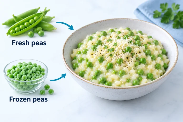 A bowl of pea risotto beside fresh shelled peas and a bowl of frosted frozen peas