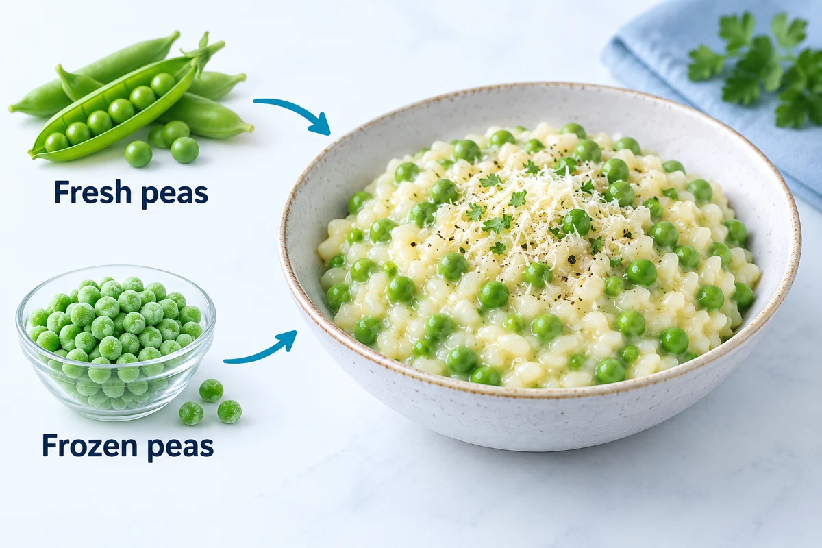 Chọn cách chuẩn bị đậu trước — hình dẫn Bát risotto đậu cạnh đậu tươi đã tách vỏ và bát đậu đông phủ sương