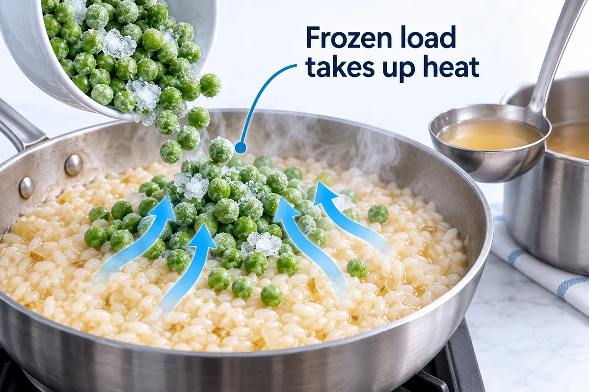 Tính lượng nhiệt đậu đông hấp thu — hình minh họa phương pháp Đậu phủ sương vào risotto nóng với mũi tên thể hiện hút nhiệt từ chảo