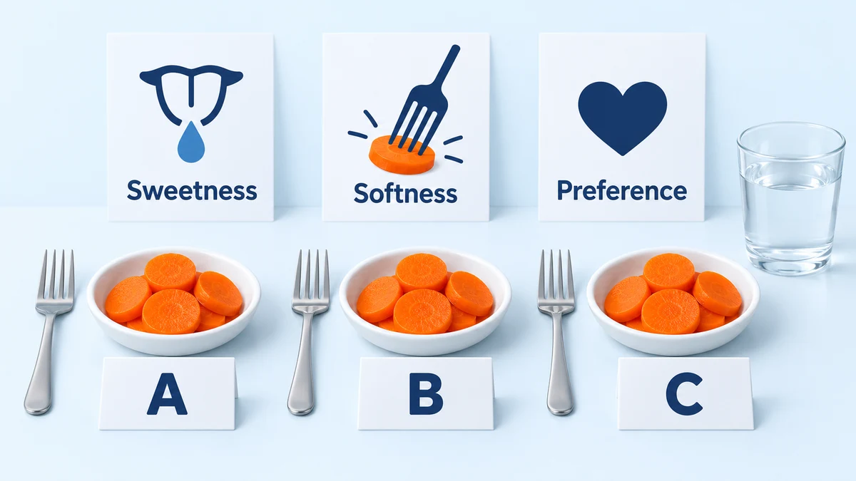 A matched blind carrot comparison Equal carrot samples in coded dishes sit beside separate sweetness and texture notes