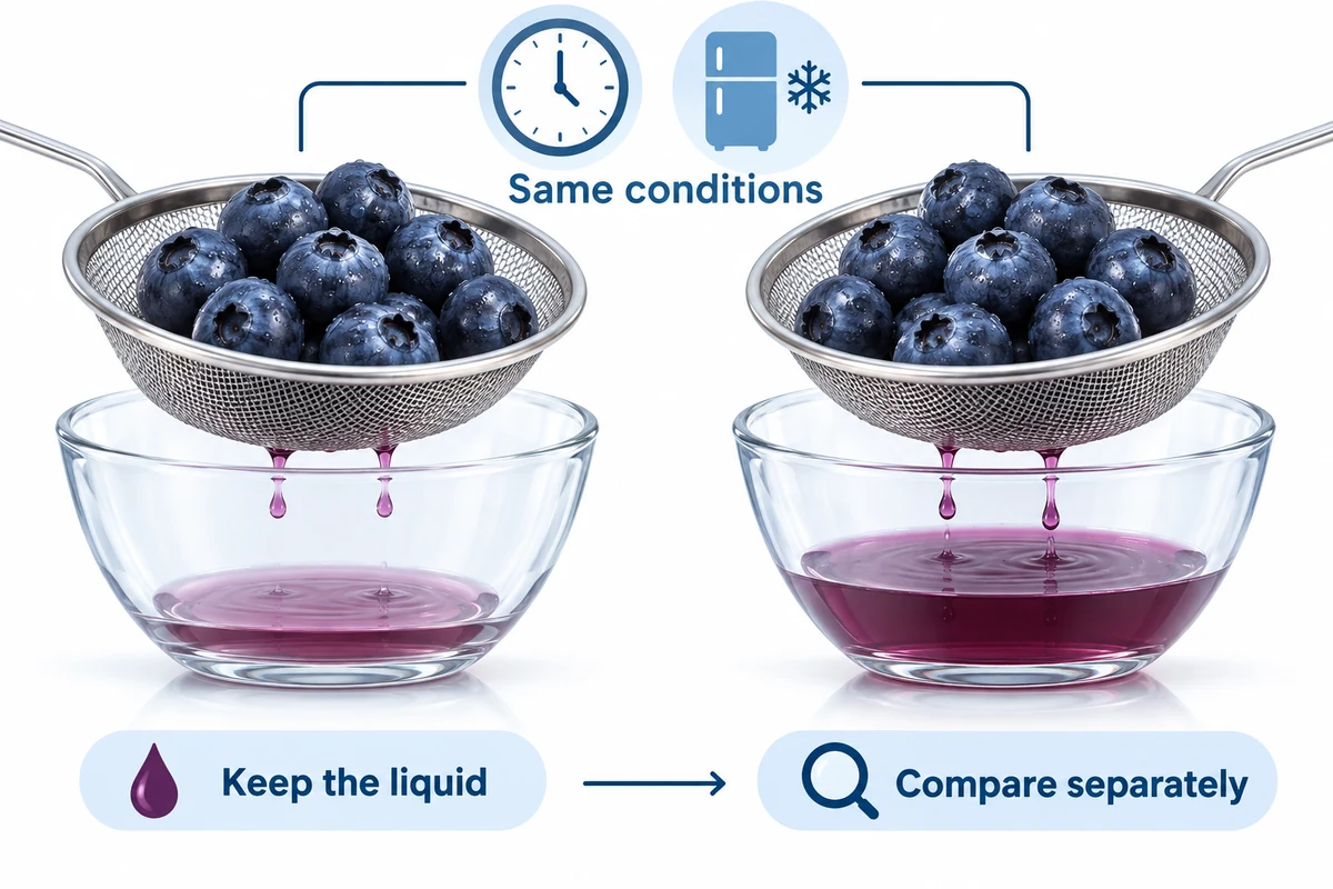 Compare thaw liquid on the same basis Equal blueberry portions in matching sieves with purple liquid collected in separate bowls