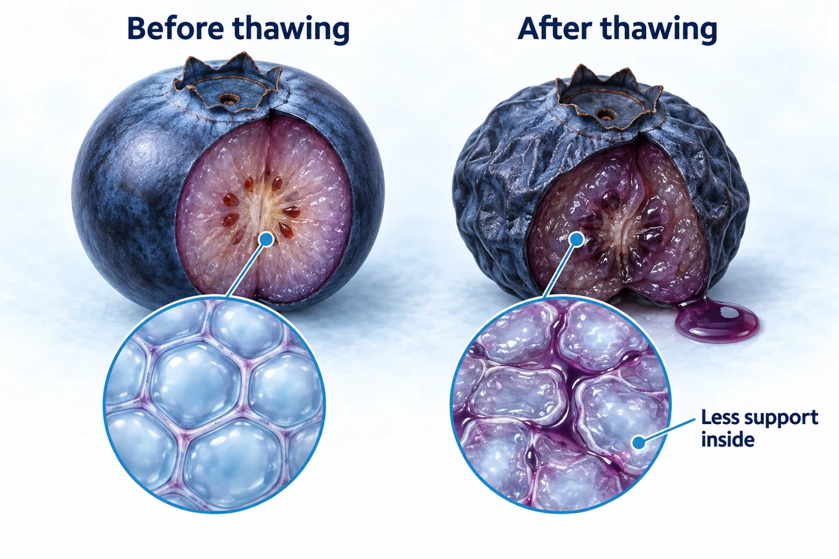 How interior support affects blueberry skin Conceptual blueberry cutaways showing a supported interior before thawing and slack wrinkled skin after softening