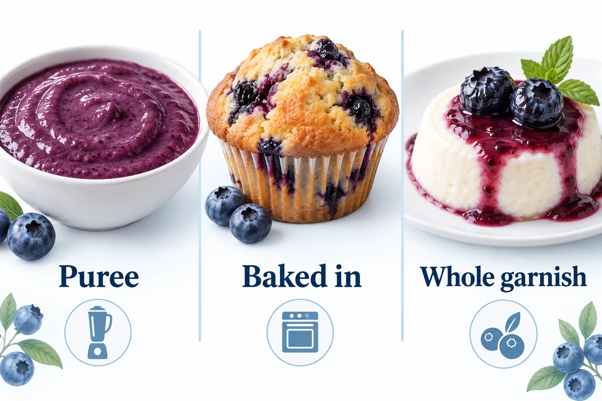 Match blueberry appearance to the use Blueberry puree, a baked muffin and whole berries on a dessert illustrating different appearance demands