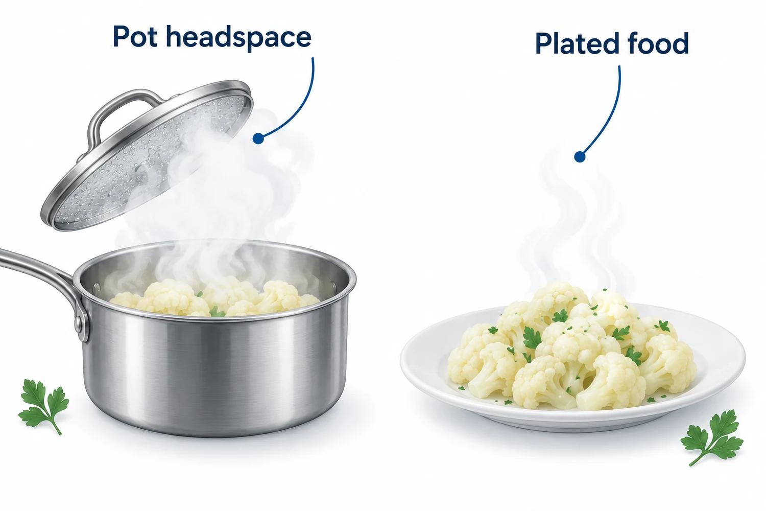Steam released above an opened cauliflower pot beside a plated serving
