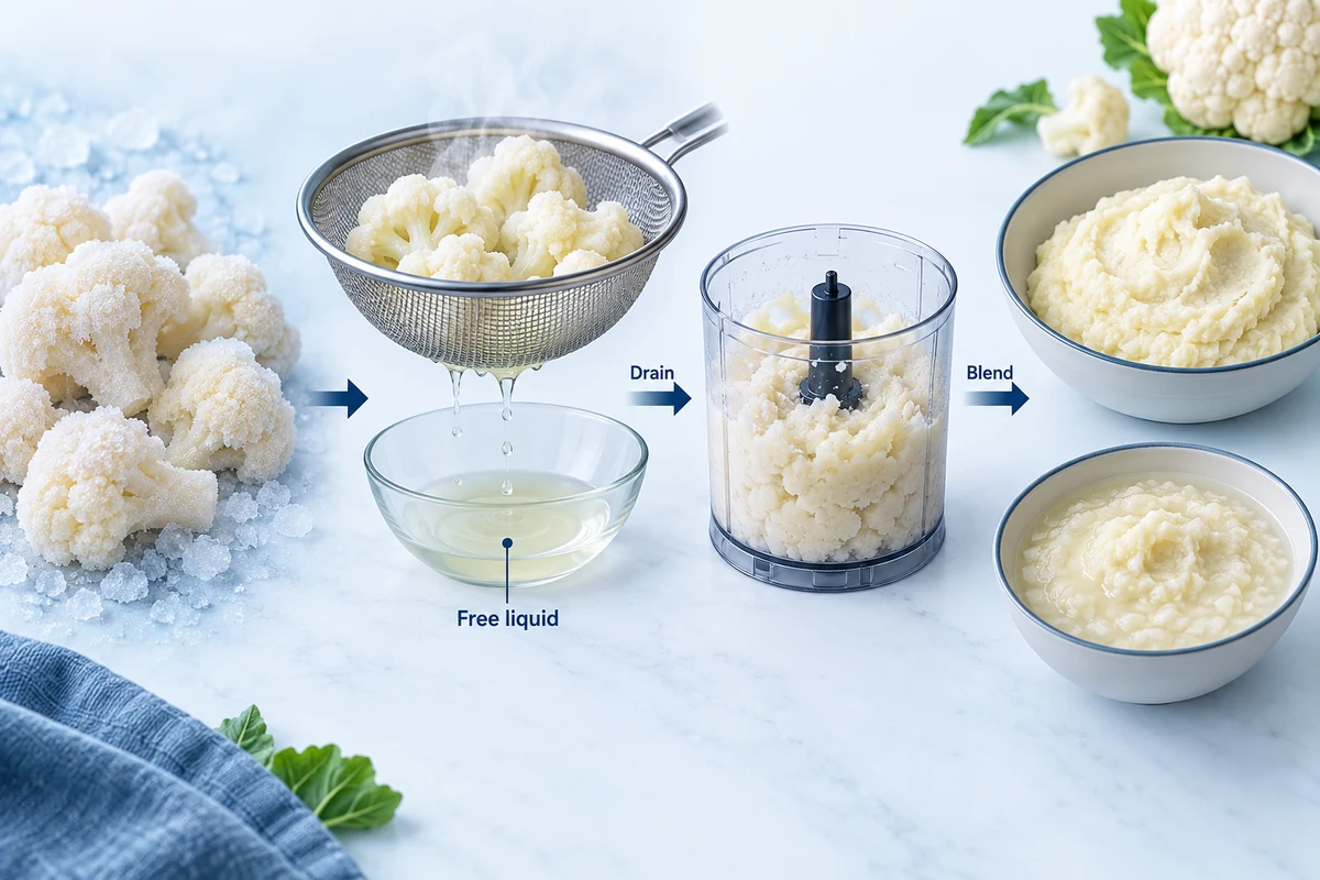 Cómo cambia el puré de coliflor con el escurrido Ilustración de floretes de coliflor que escurren agua libre antes de unos ejemplos de puré espeso y líquido